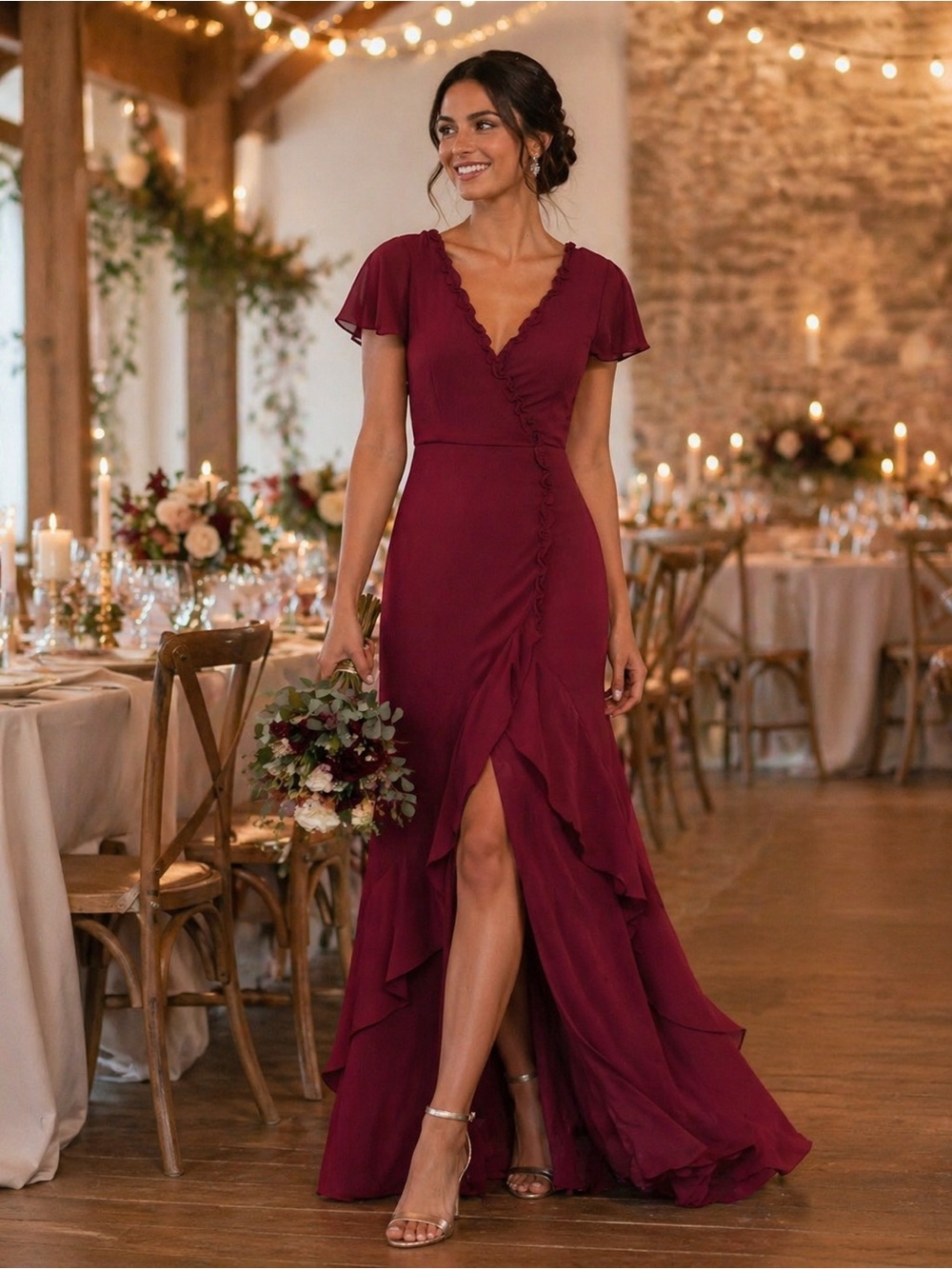 LULUS Women's Pour the Champagne Burgundy Ruffled Backless Maxi Dress L